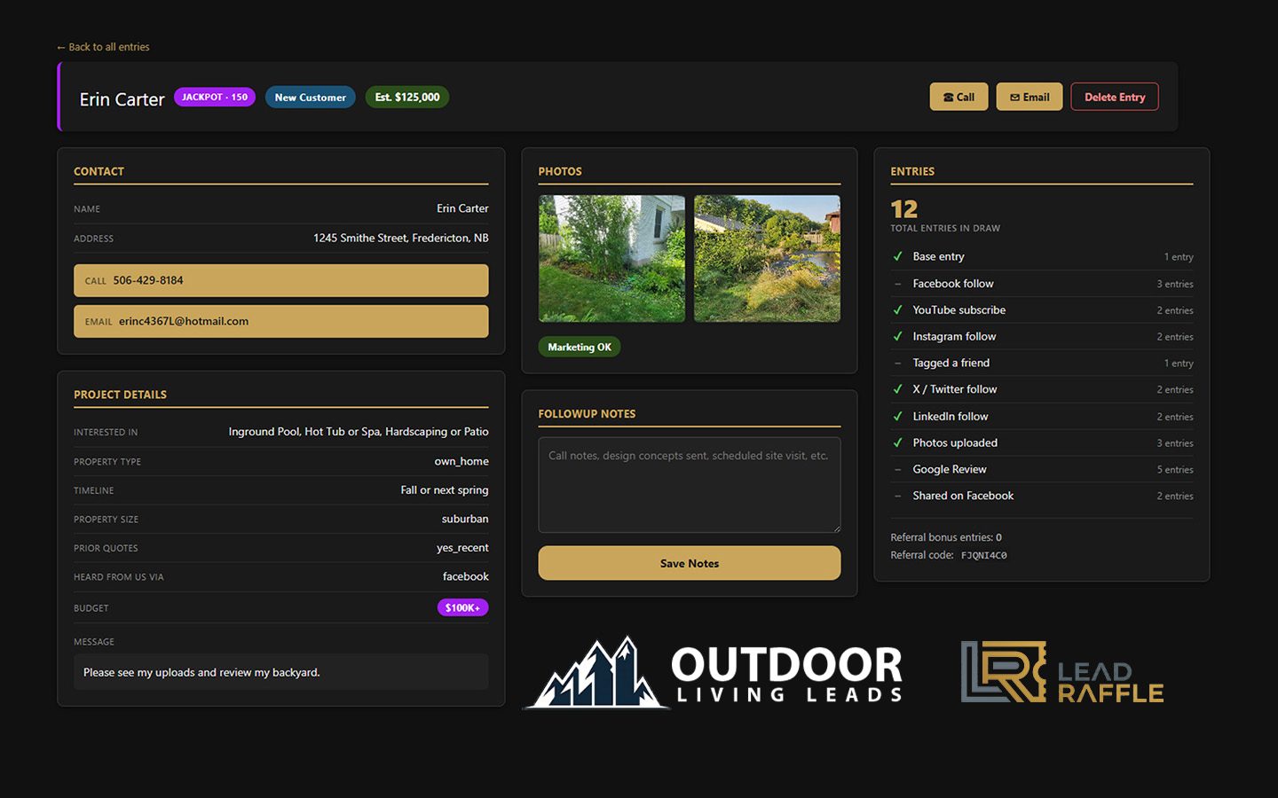 Outdoor Living Leads dashboard, desktop