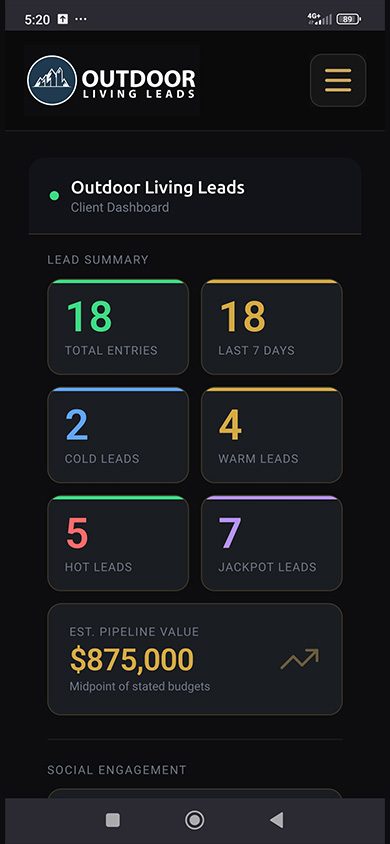 Outdoor Living Leads client dashboard, mobile